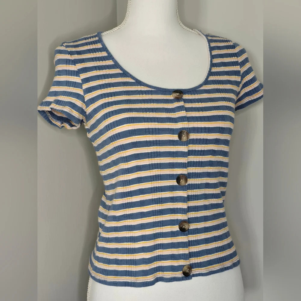 AEO Striped Ribbed Button Baby Tee in Blue/Yellow/White